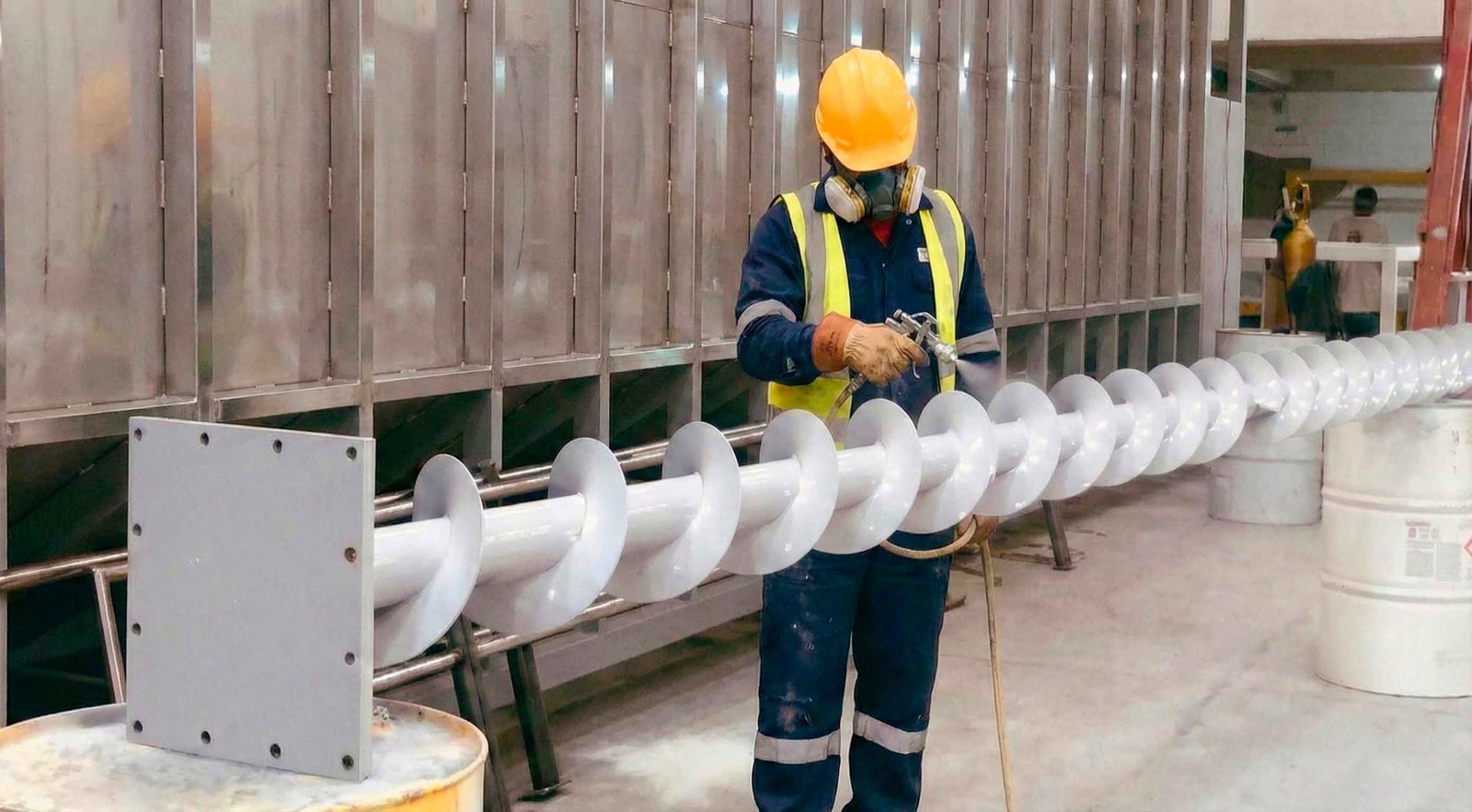 Operario aplicando recubrimiento epóxico al tornillo